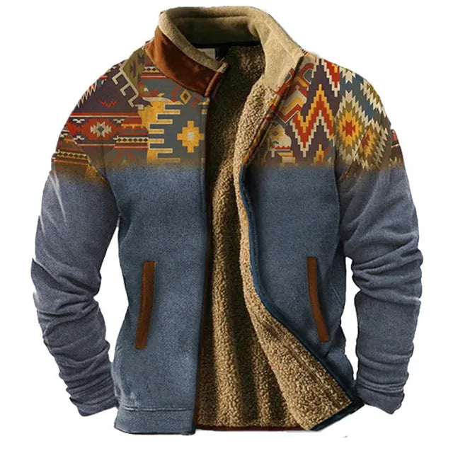 Men’s Sherpa-Lined Fleece Jacket | Tribal Print Yoke | Winter Warm Outerwear