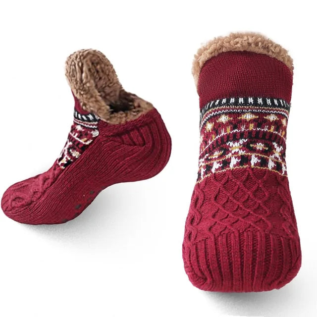 Knit Slipper Socks | Sherpa-Lined Indoor Booties | Fair Isle Pattern & Gripped Sole