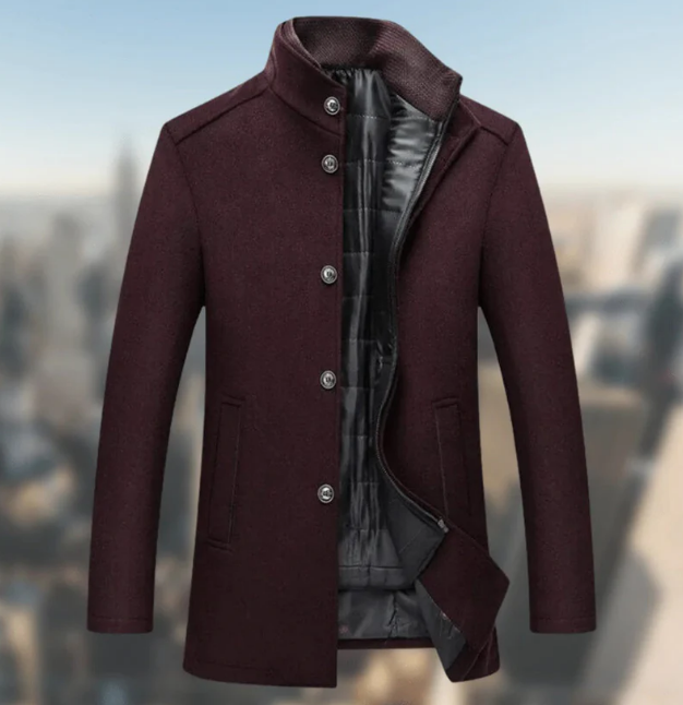 Men's Wool Blend Coat | Stand Collar | Button-Up Mid-Length