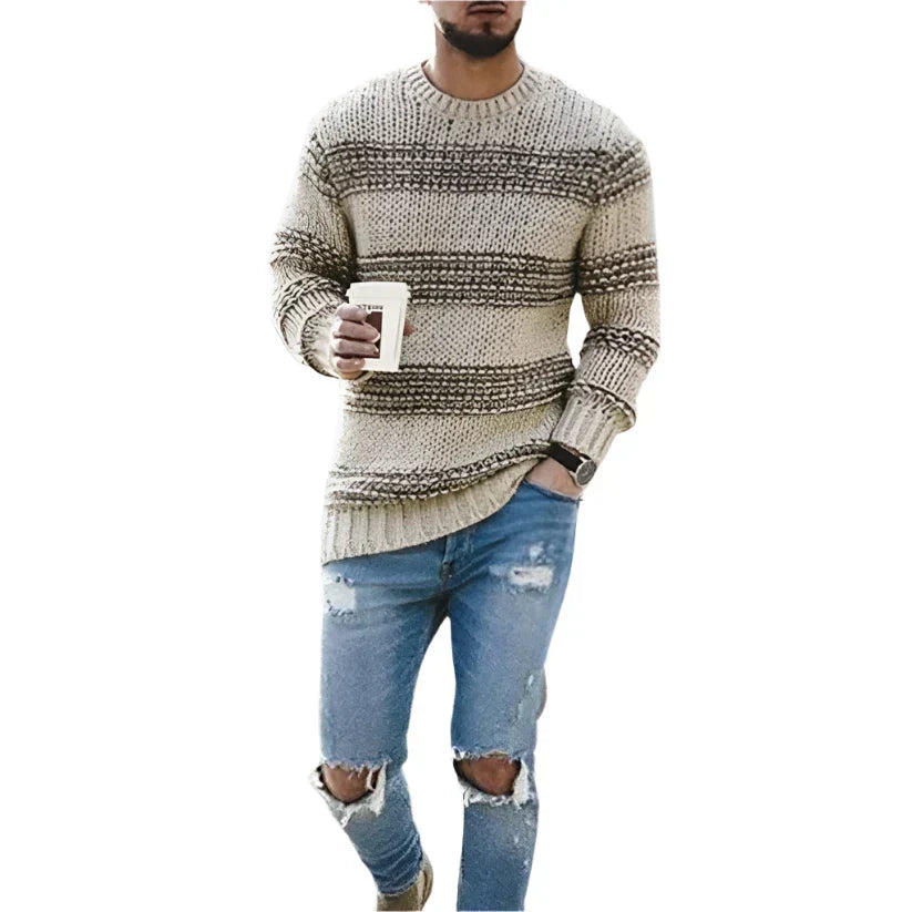 Men’s Striped Crew Neck Sweater | Textured Knit Pullover | Casual Fall Layer