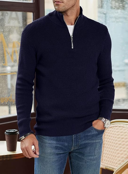 Men’s Quarter-Zip Ribbed Sweater | Soft Knit Pullover for Everyday Comfort