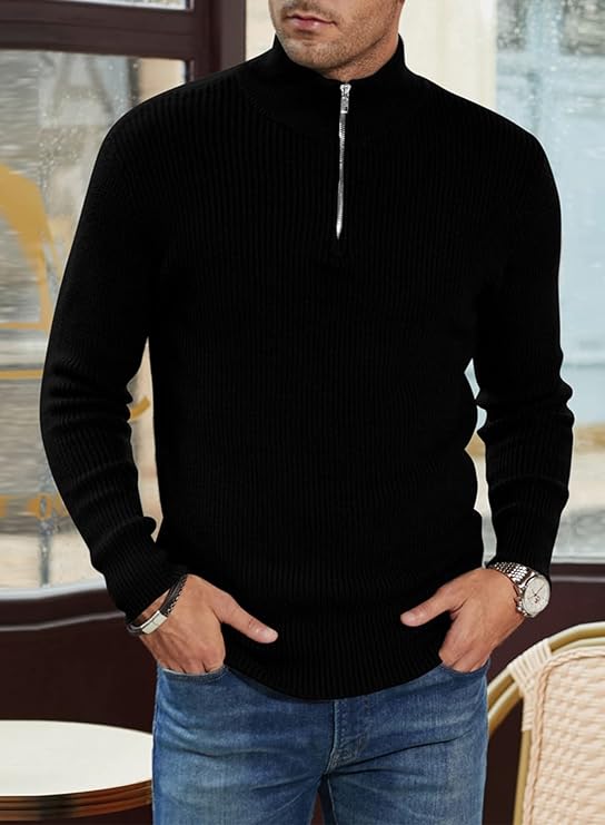 Men’s Quarter-Zip Ribbed Sweater | Soft Knit Pullover for Everyday Comfort