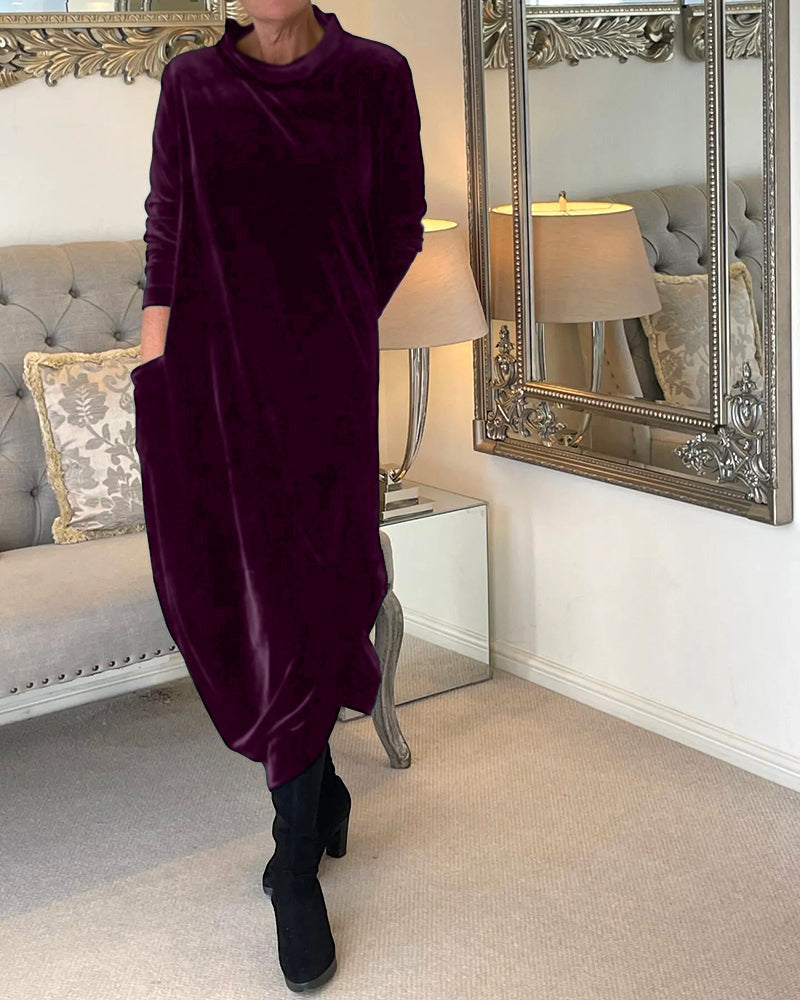 Women's Velvet Midi Dress | Long Sleeve Relaxed Fit | Elegant Fall Winter Outfit