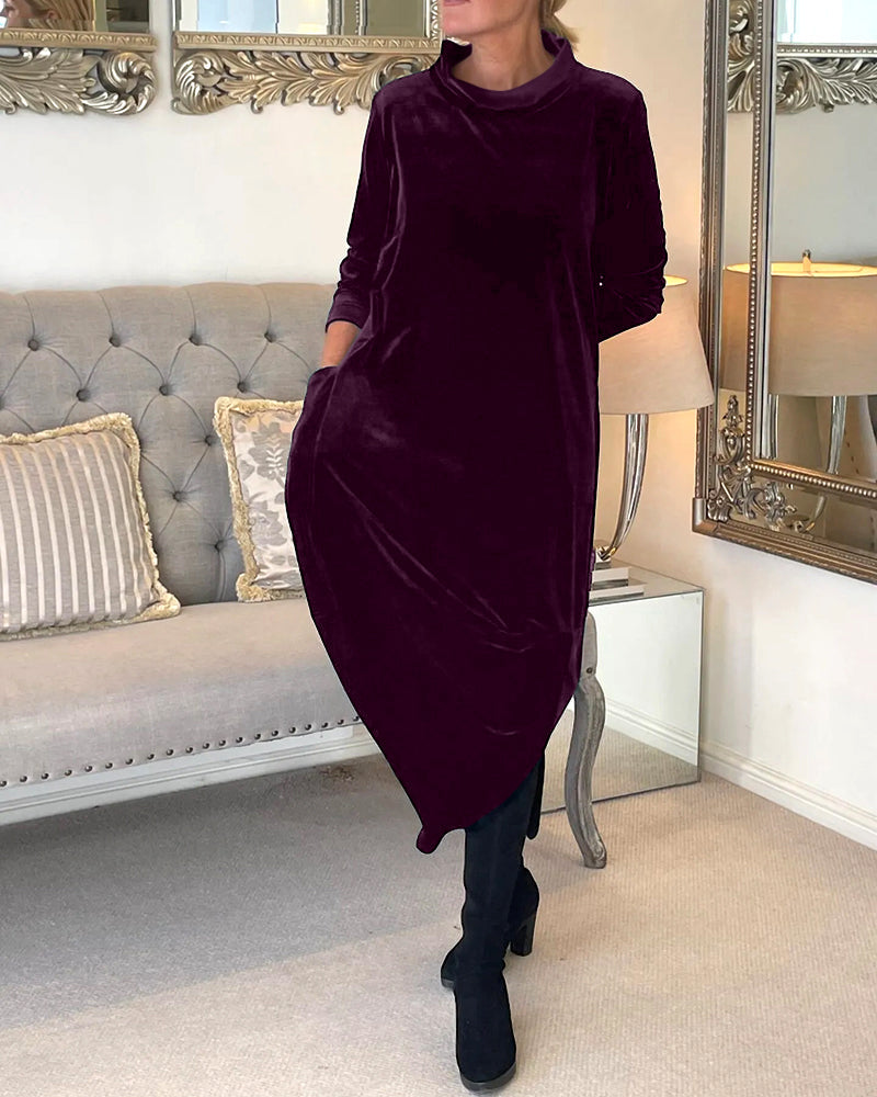 Women's Velvet Midi Dress | Long Sleeve Relaxed Fit | Elegant Fall Winter Outfit