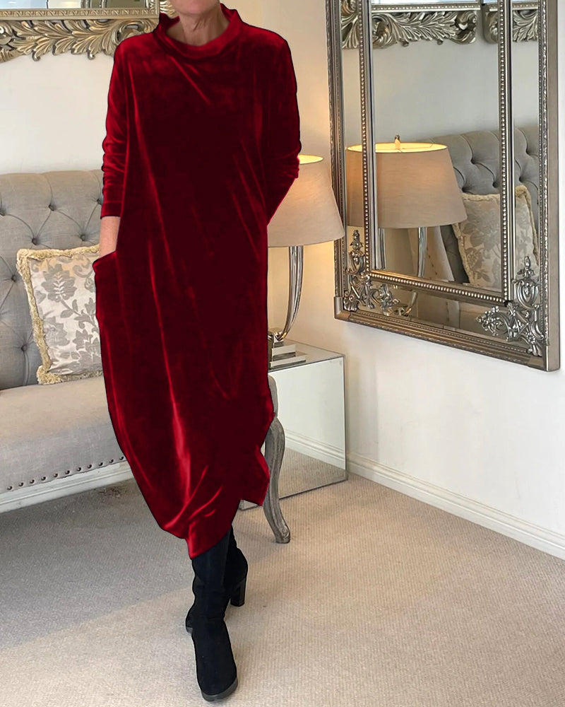 Women's Velvet Midi Dress | Long Sleeve Relaxed Fit | Elegant Fall Winter Outfit