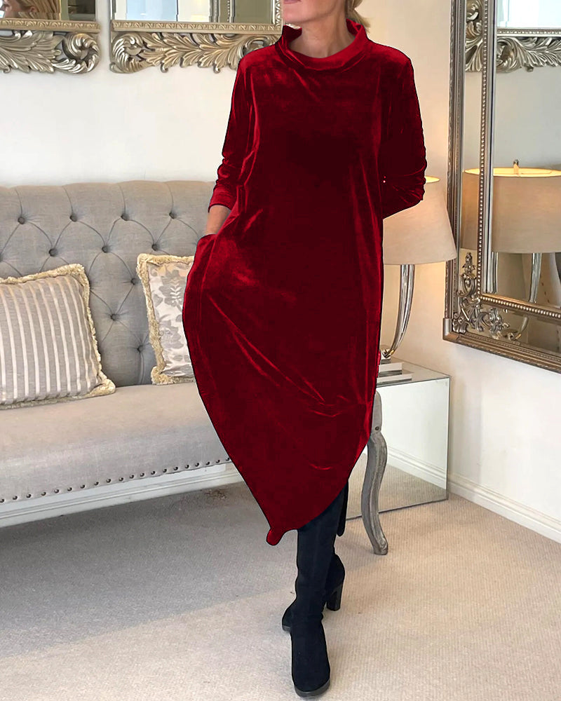 Women's Velvet Midi Dress | Long Sleeve Relaxed Fit | Elegant Fall Winter Outfit
