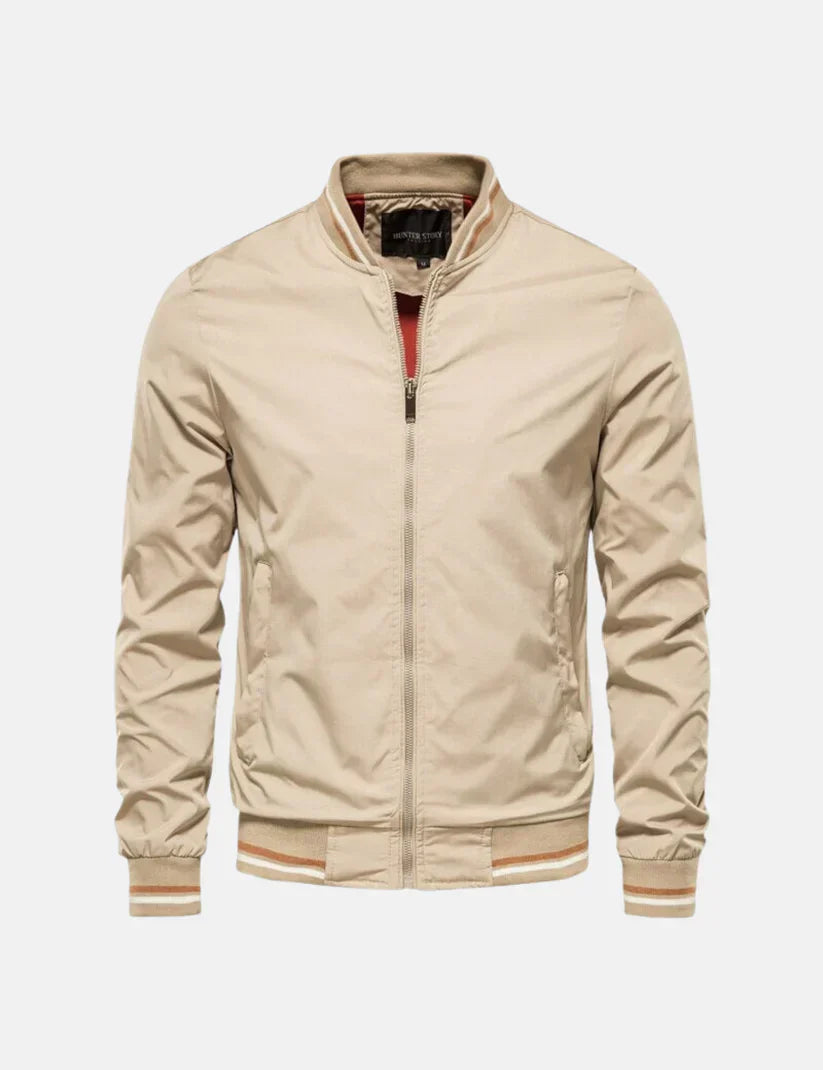 Men’s Bomber Jacket | Lightweight Zip-Up with Striped Collar & Cuffs | Casual Fall Outerwear