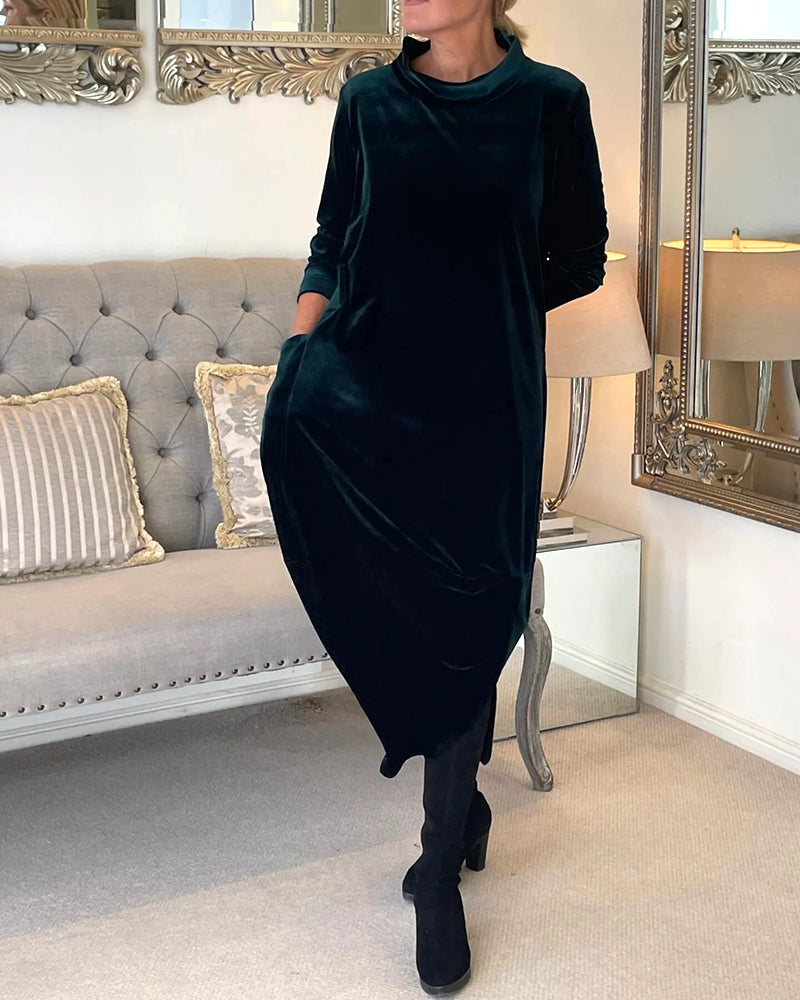 Women's Velvet Midi Dress | Long Sleeve Relaxed Fit | Elegant Fall Winter Outfit