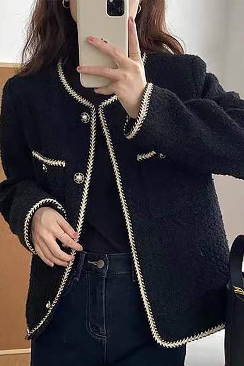 Chic Bouclé Jacket | Gold-Trimmed Details | Wool Blend | Sophisticated Layering Piece