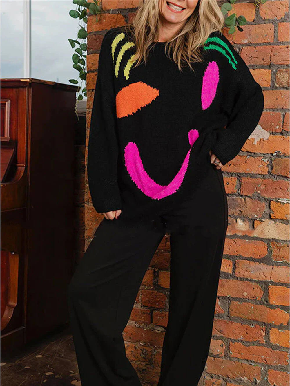 Oversized Knit Sweater | Abstract Face Embroidery | Art-Inspired Statement Pullover