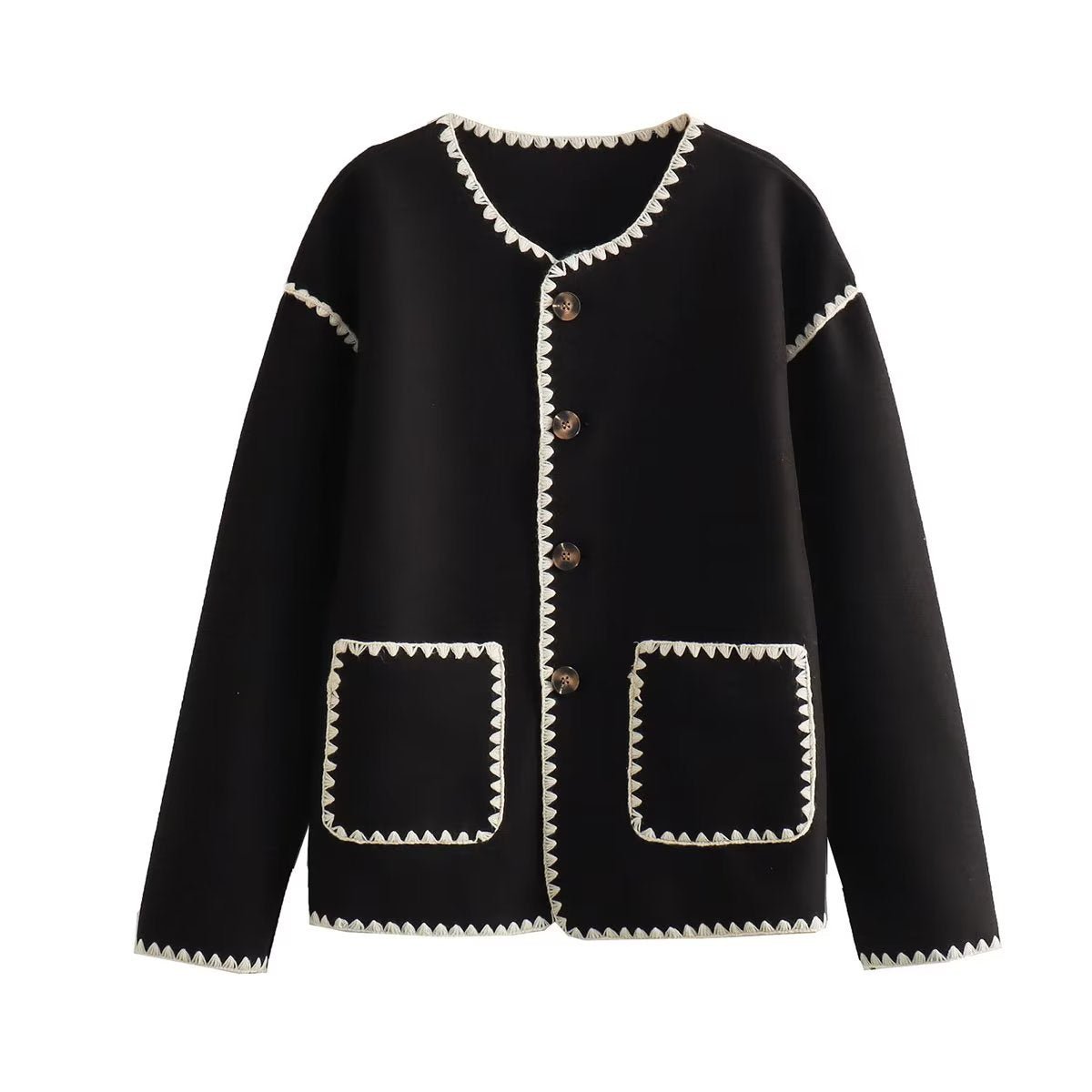 Contrast-Trim Knit Cardigan | Elegant Button-Front | Minimalist Chic | Black & White