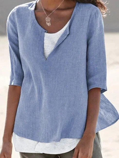 Layered Hem Linen Top | Notch Neckline | 3/4 Sleeve Relaxed Fit