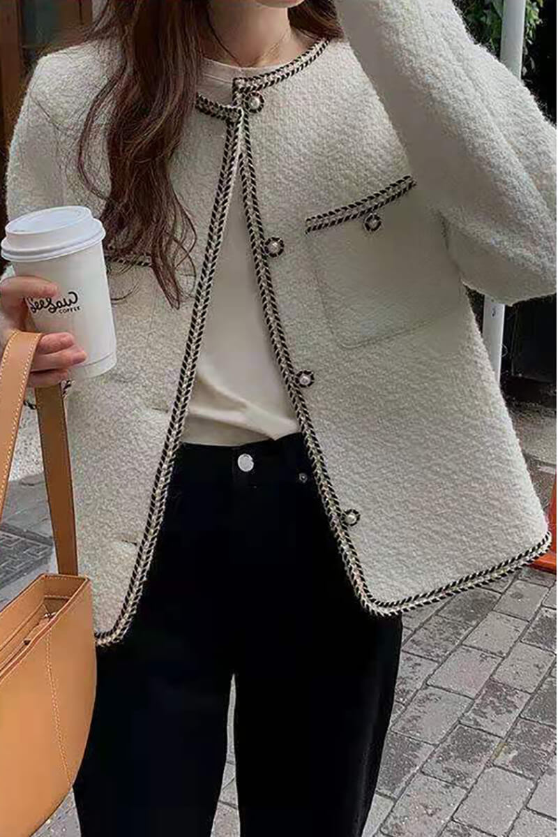 Chic Bouclé Jacket | Gold-Trimmed Details | Wool Blend | Sophisticated Layering Piece