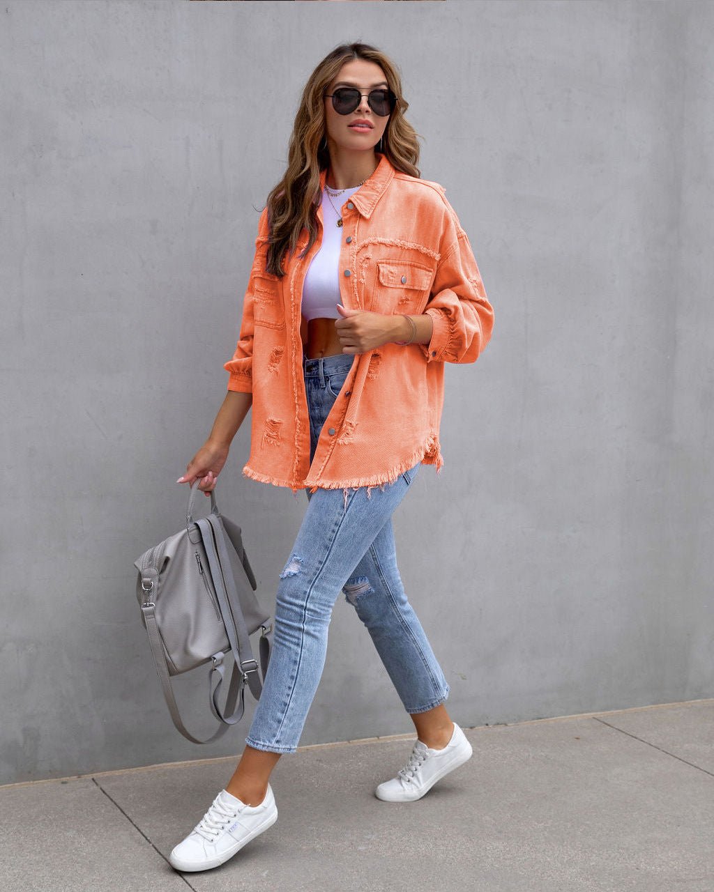 Distressed Denim Shacket | Casual Oversized Fit | Button-Up Style | Trendy Layering