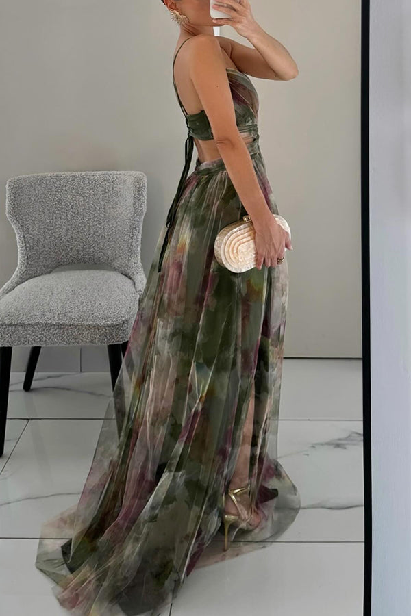 Backless Chiffon Gown | Watercolour Print Maxi Dress | Tie-Back Evening Silhouette