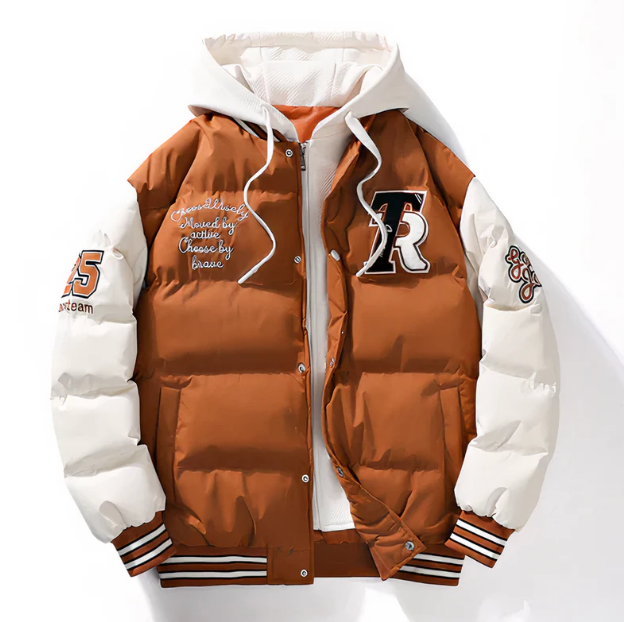 Men’s Varsity Puffer Jacket | Colour-Block Hooded Bomber | Insulated Streetwear Outerwear