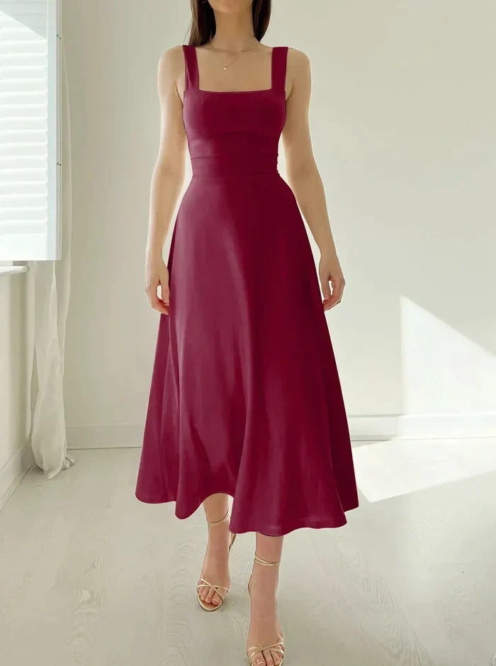 Square Neck Sleeveless Midi Dress | Fitted Bodice Flared Hem | Elegant Summer Occasion Look