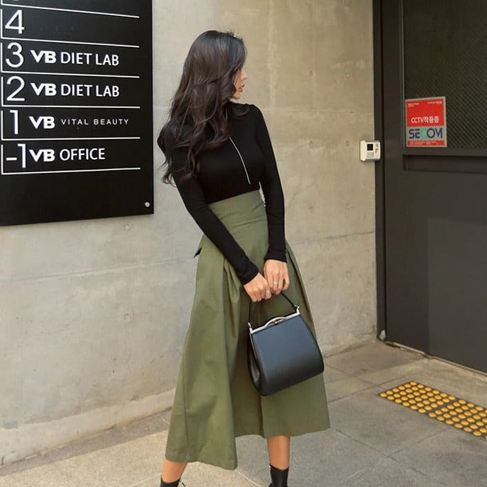 Women’s High-Waisted A-Line Midi Skirt | Olive Green Flowy Silhouette | Fall Layering Essential