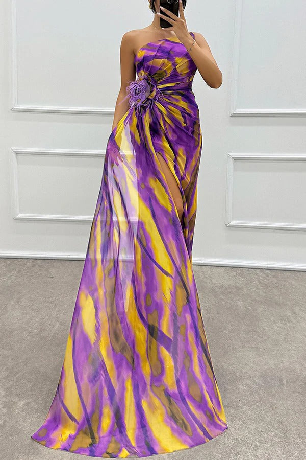 Watercolour Chiffon Gown dress | One-Shoulder Design & Side Slit | Bold Abstract Print