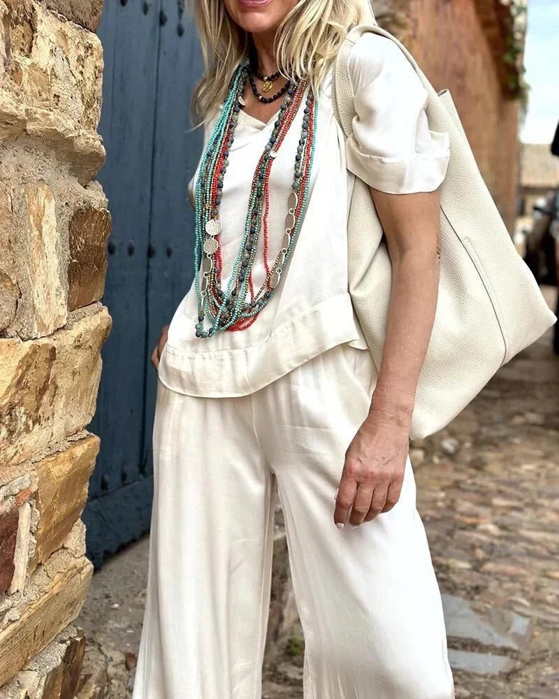 Wide-Leg Satin Lounge Set | V-Neck Top & Relaxed Trousers | Effortless Day-to-Night Look