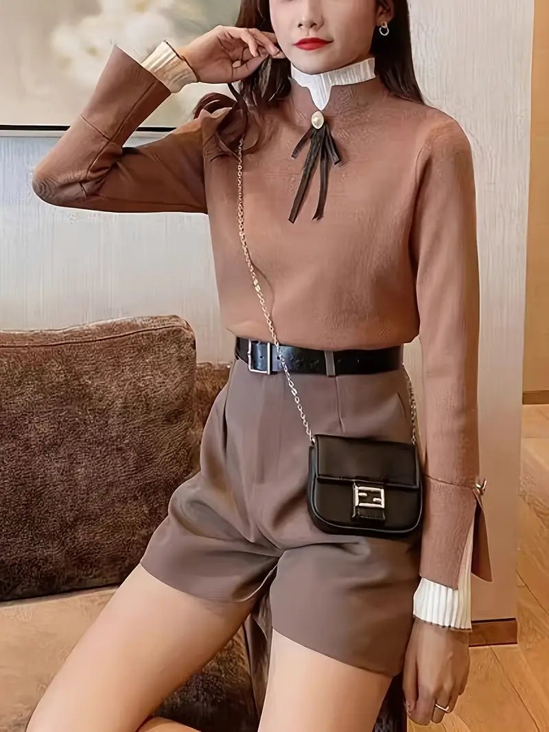 Embroidered High-Neck Sweater | Elegant Button Detail | Soft Knit Fabric | Sophisticated Style