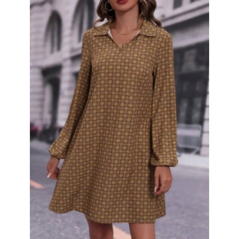 Women's Printed A-Line Mini Dress | Long Sleeve V-Neck Casual Dress | Fall Everyday Outfit