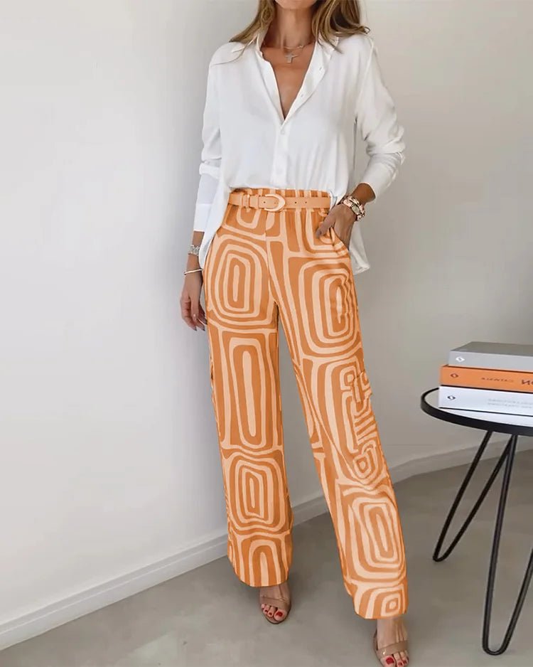 Geometric Print Wide-Leg Pants Set | Stretch Comfort | Casual-Chic Look