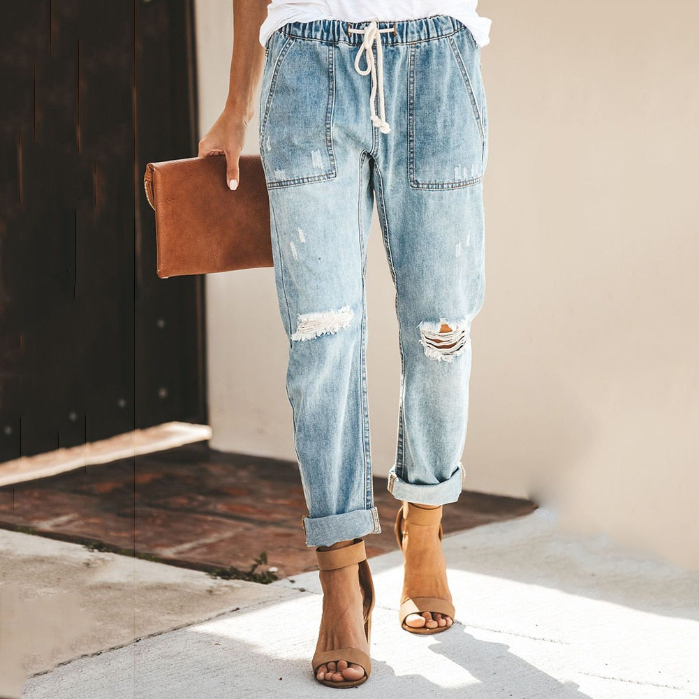 Distressed Denim Jogger Pants | Drawstring Waist Relaxed Jeans | Casual Streetwear Fit