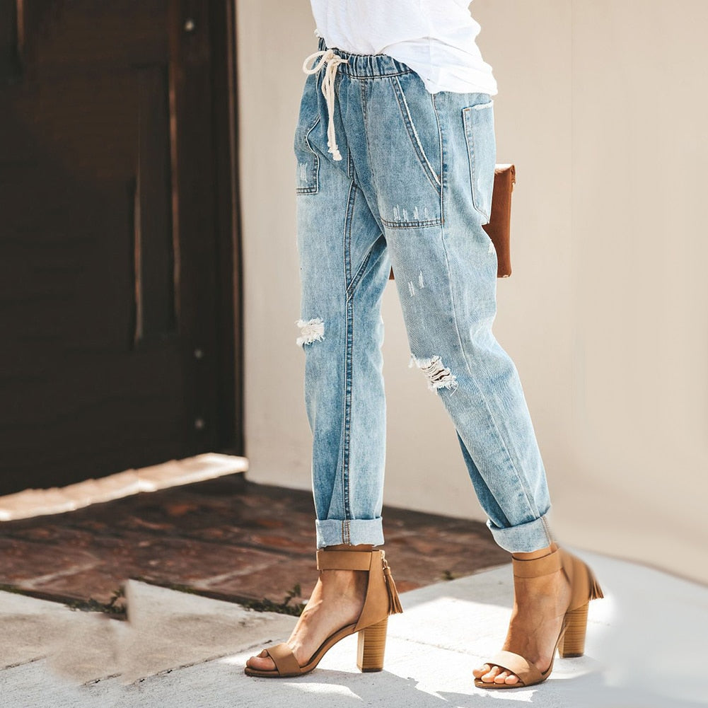 Distressed Denim Jogger Pants | Drawstring Waist Relaxed Jeans | Casual Streetwear Fit