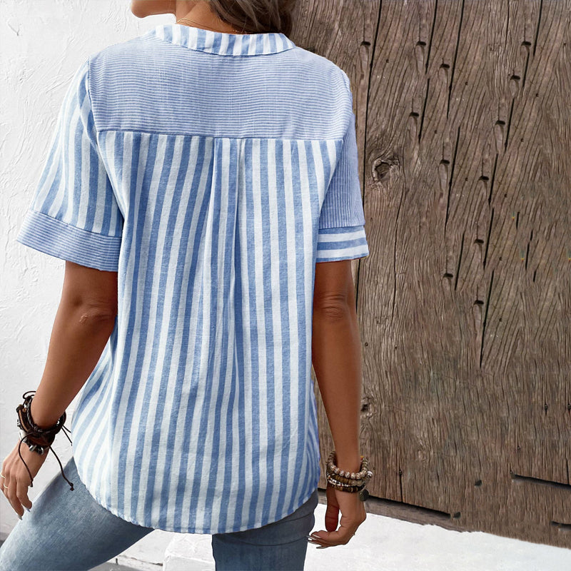 Striped Button Blouse | Mixed Direction Print | Casual Short Sleeve Top