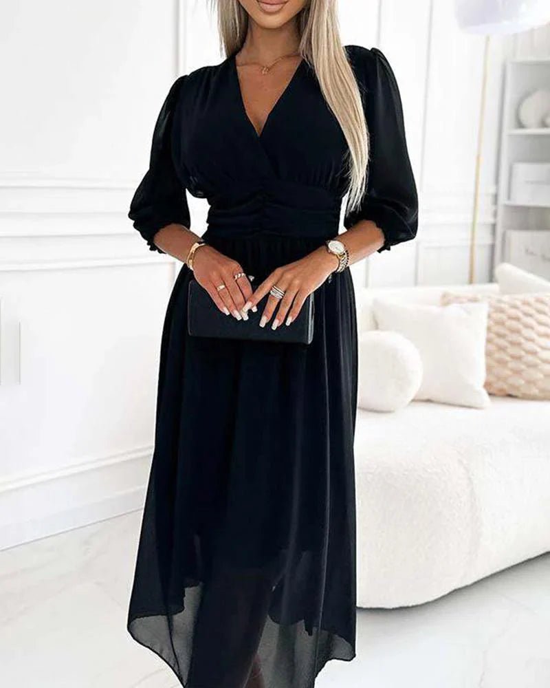 Chiffon Midi Dress | 3/4 Sleeve | V-Neck Ruched Waist Silhouette