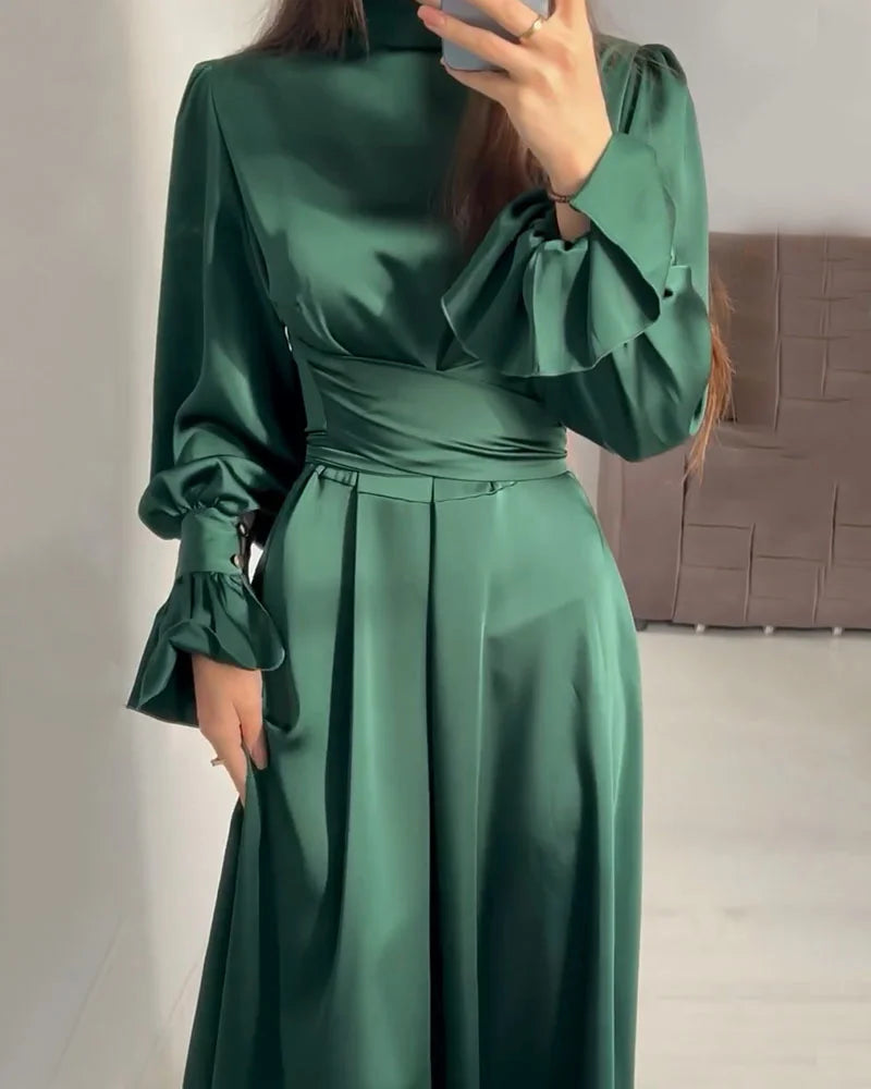 Satin Long Sleeve Maxi Dress | High Neck | Elegant Formalwear