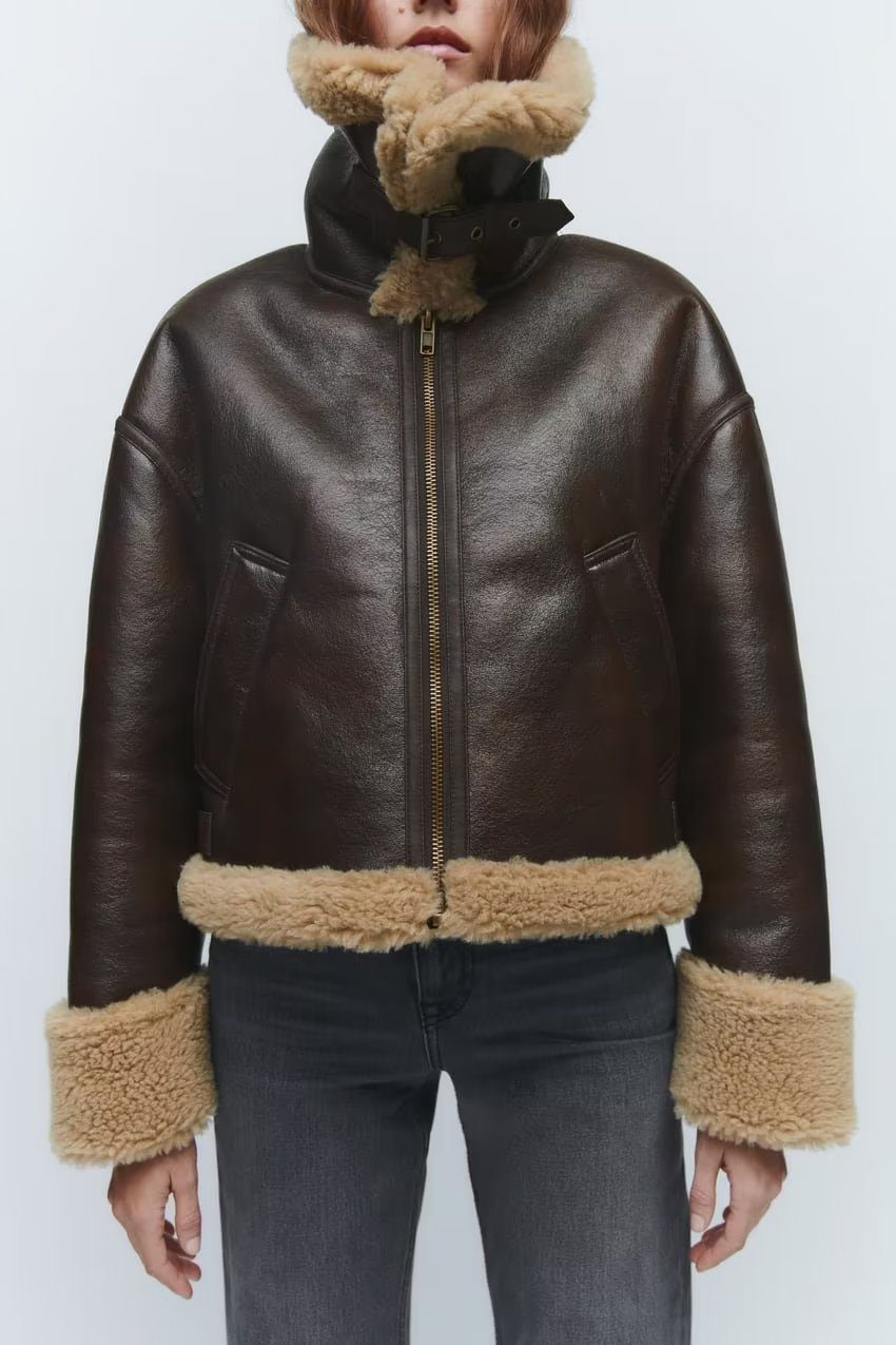 PU Leather Aviator Jacket | Sherpa Trim | Warm Winter Outerwear | Vintage Style