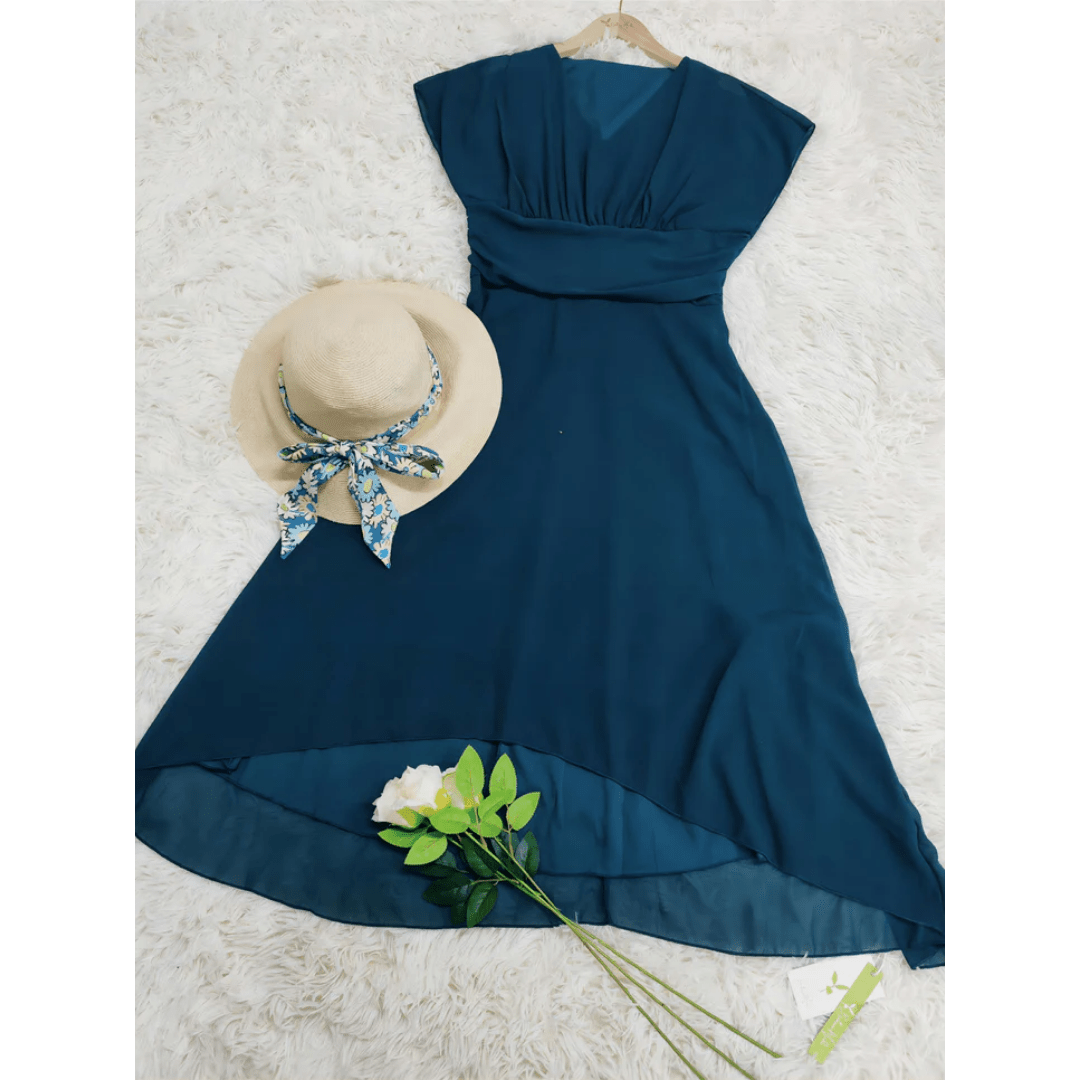 Chiffon High-Low Midi Dress | V-Neck | Flowy Layered Hem