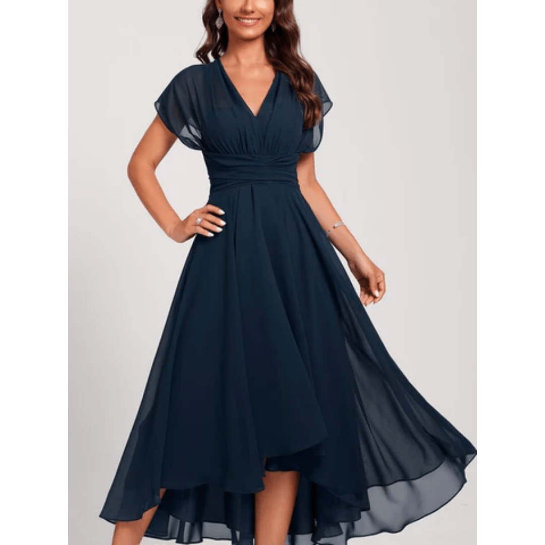Chiffon High-Low Midi Dress | V-Neck | Flowy Layered Hem