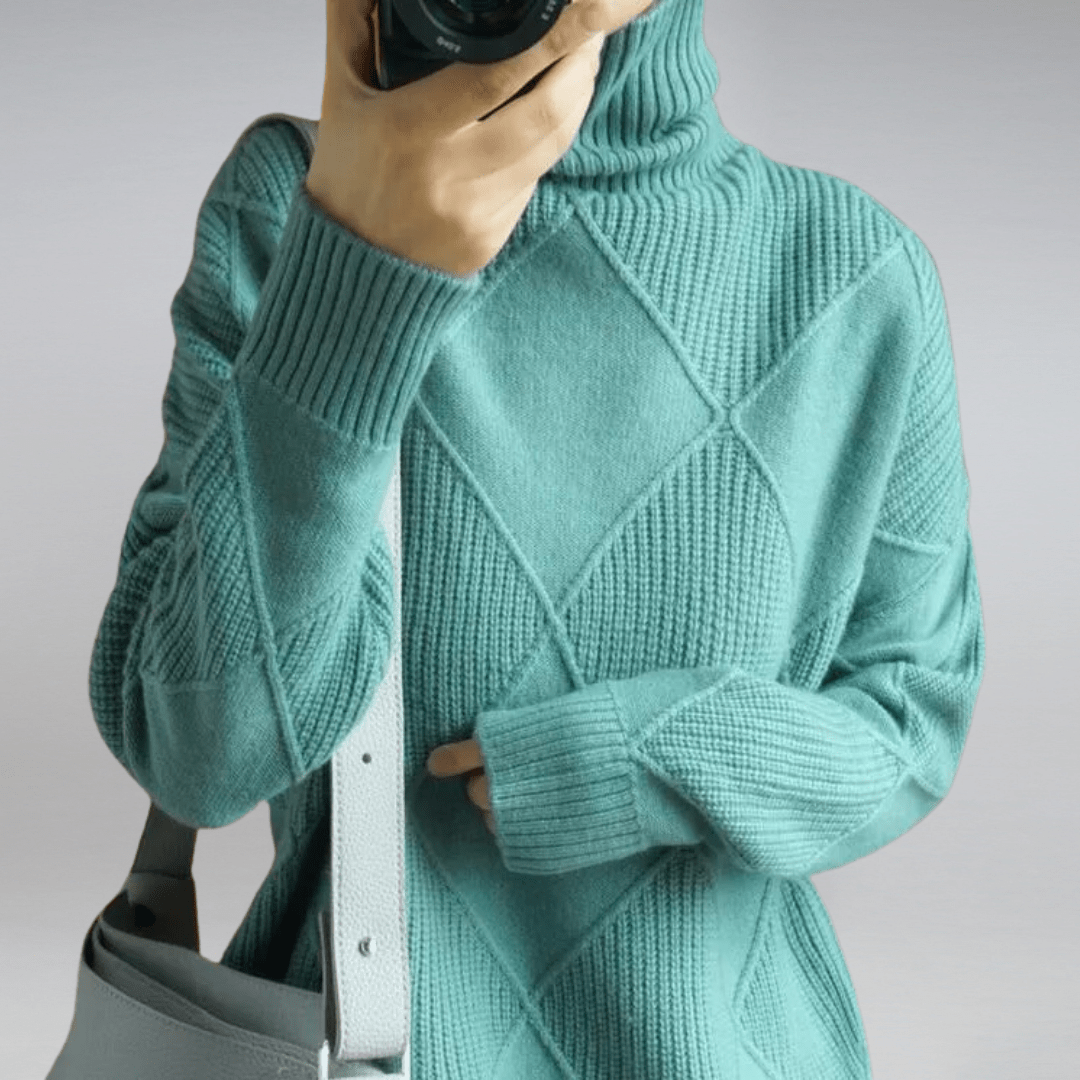 Diamond Knit Sweater | Ribbed Mock Neck & Oversized Drop Shoulder Fit
