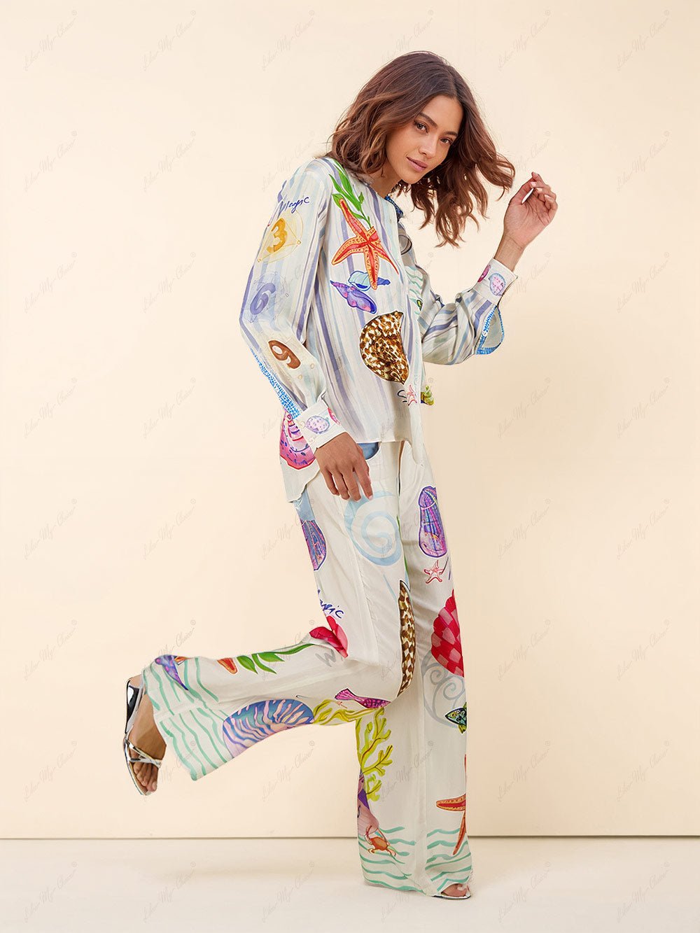 Ocean-Inspired Print Shirt & Wide-Leg Trousers Set | Vibrant Two-Piece Outfit