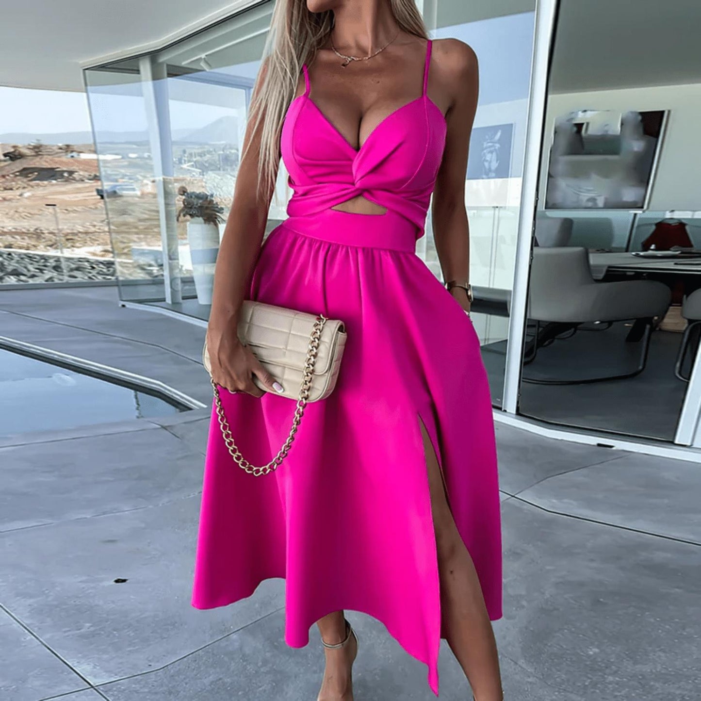 Cut-Out Midi Dress | Bold Side Slit | Lightweight Satin Finish | Perfect for Evening or Party Wear