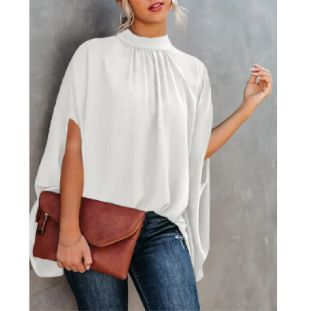 Women's High-Neck Printed Blouse | Loose Fit Cape Sleeve Top | Casual Statement Shirt
