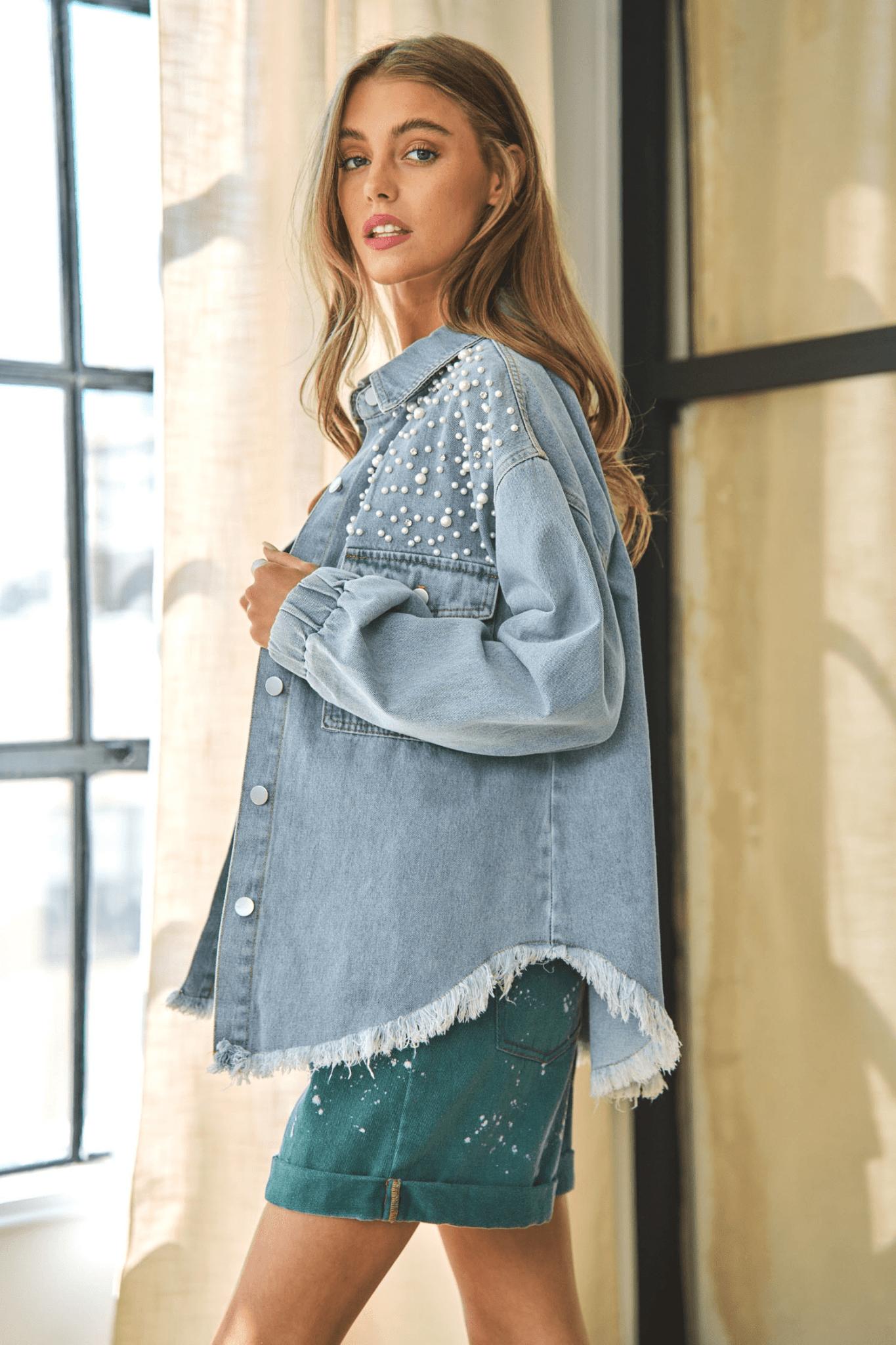 Women's Pearl-Embellished Oversized Denim Jacket | Chic & Trendy | Button-Up | Casual Year-Round Layer