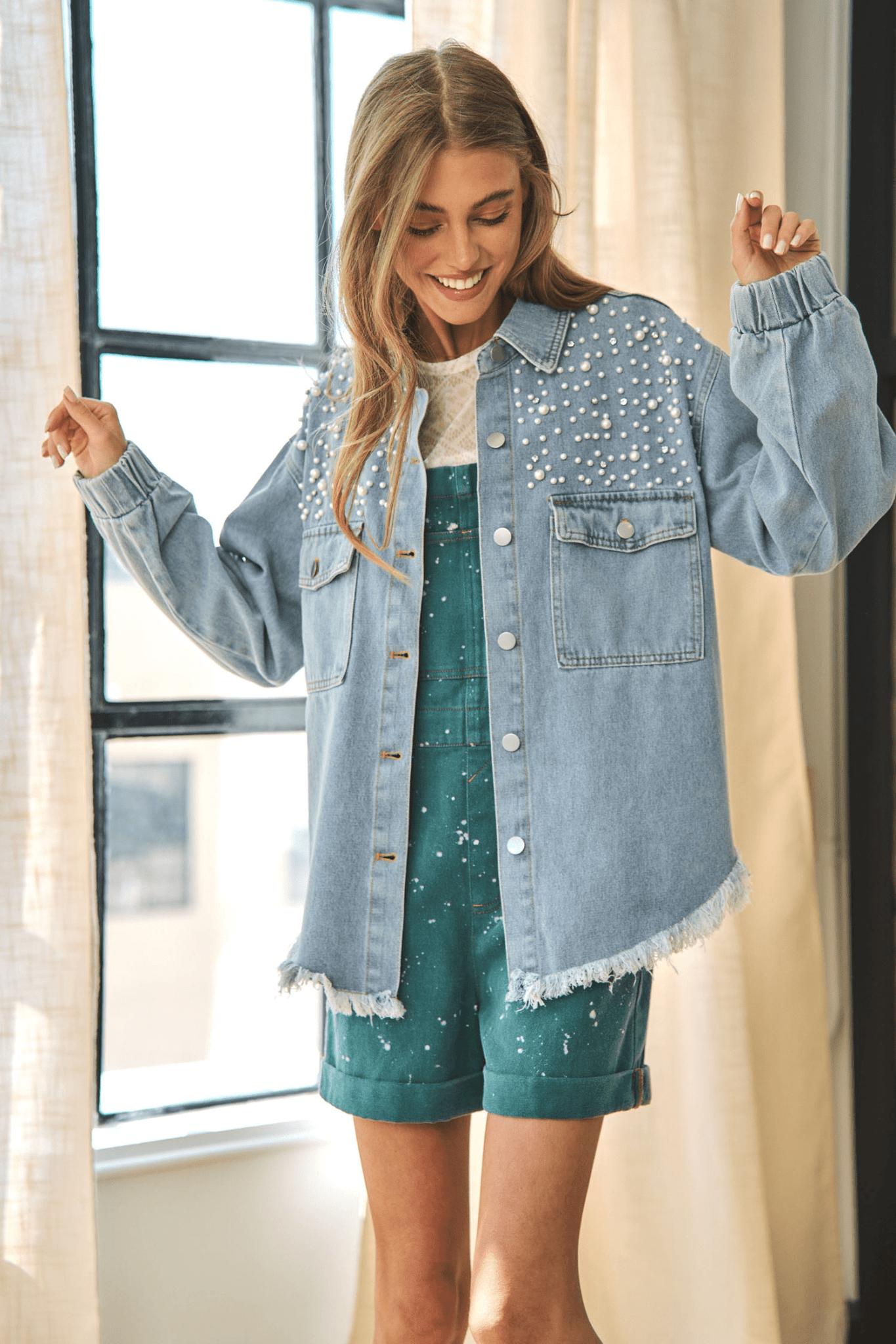 Women's Pearl-Embellished Oversized Denim Jacket | Chic & Trendy | Button-Up | Casual Year-Round Layer