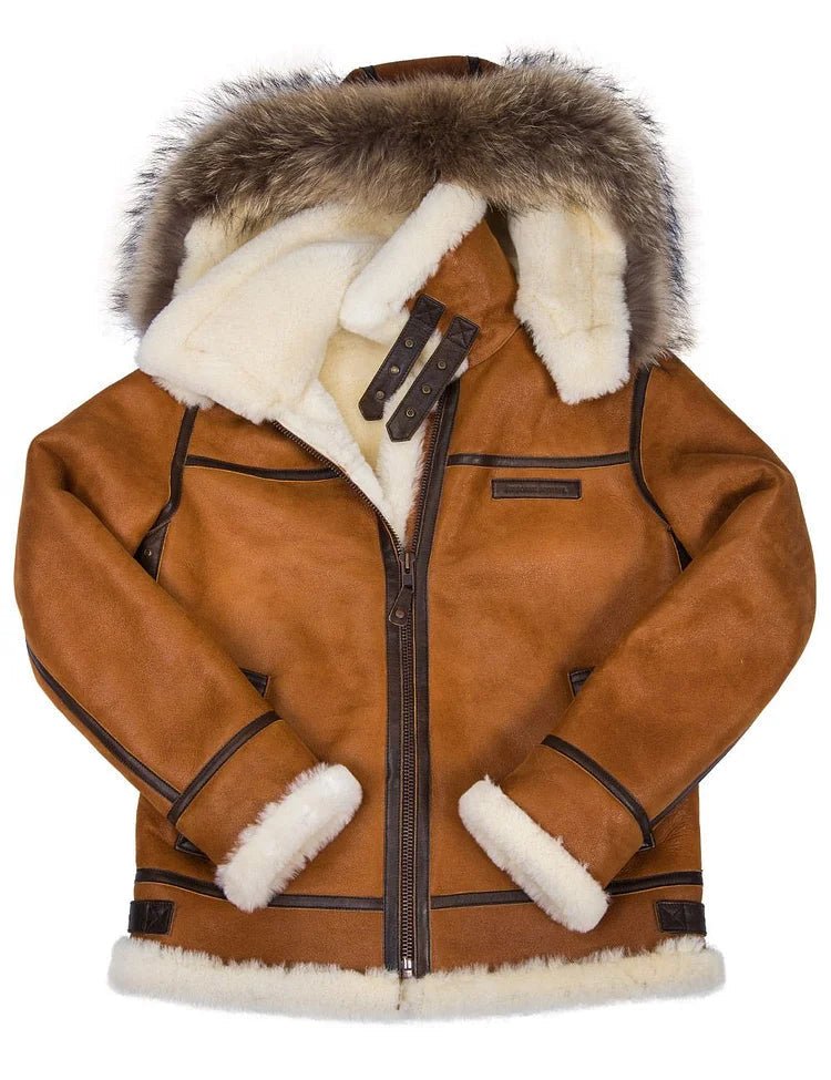 Premium Shearling Aviator Jacket | Genuine Leather | Plush Lining with Fur Trim Hood | Ultimate Winter Outerwear
