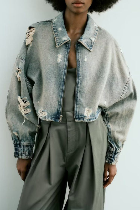 Distressed Cropped Denim Jacket | Edgy Street Style | 100% Cotton | Casual Wear