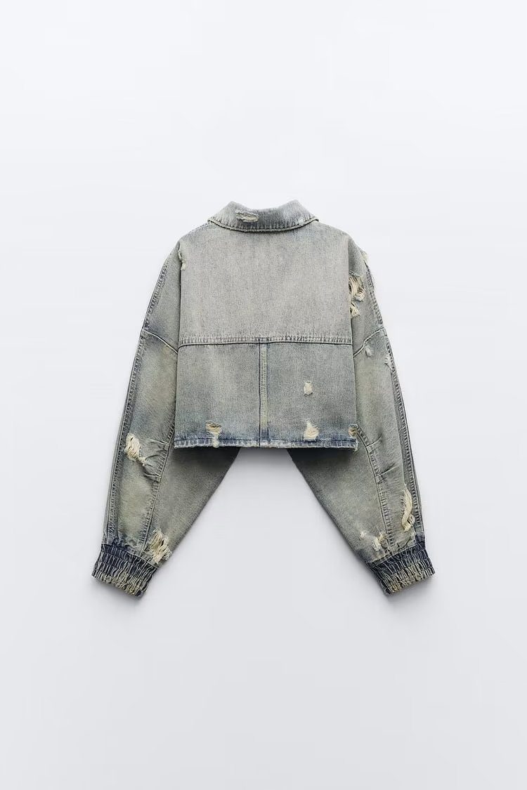 Distressed Cropped Denim Jacket | Edgy Street Style | 100% Cotton | Casual Wear