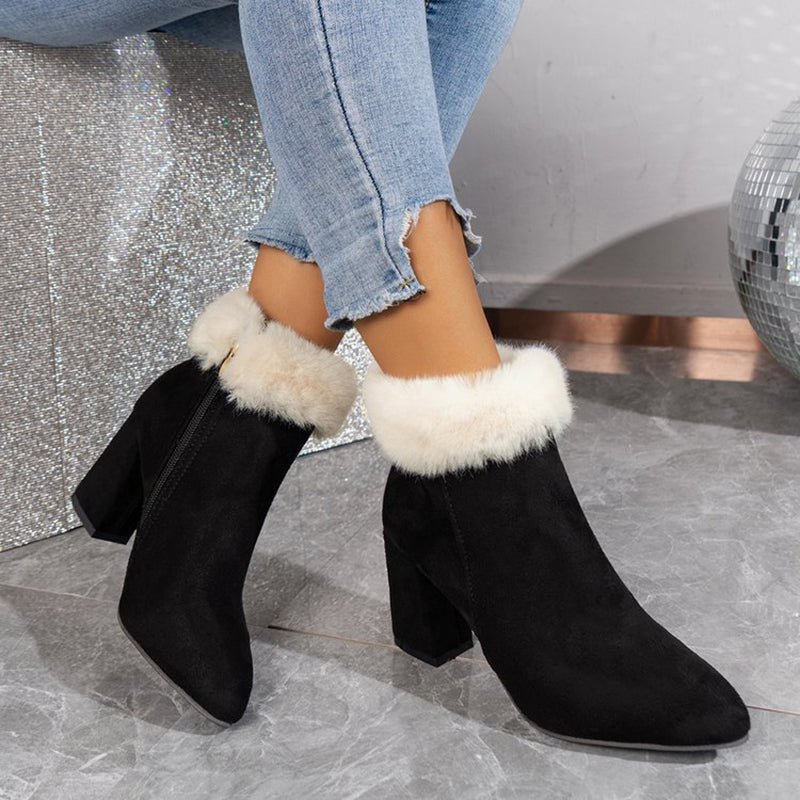 Faux Suede Ankle Boots with Fur Trim | Chunky Heel | Winter Chic | Holiday-Ready