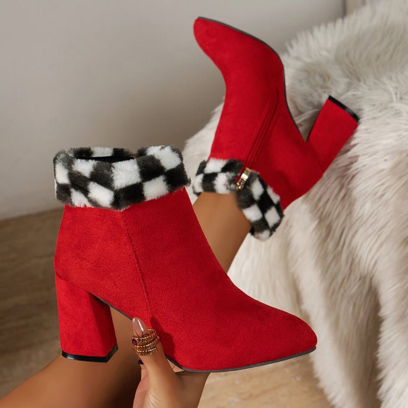 Faux Suede Ankle Boots with Fur Trim | Chunky Heel | Winter Chic | Holiday-Ready