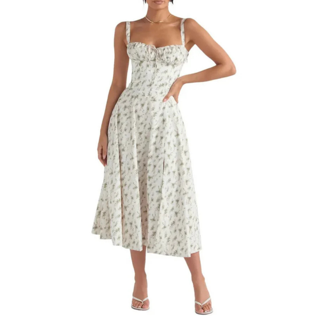 Floral Midi Sundress | Ruched Bodice & Side Slit | Adjustable Strap Fit-and-Flare