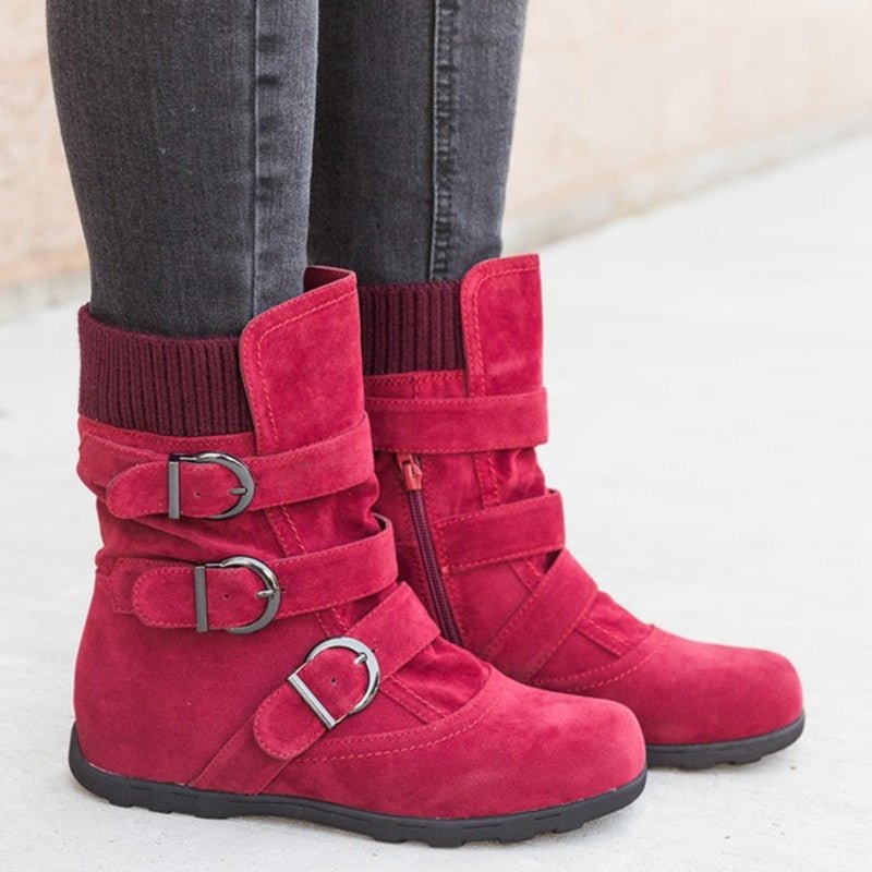 Buckled Knit-Trim Ankle Boots | Faux Suede | Cozy Winter Style | Casual Wear