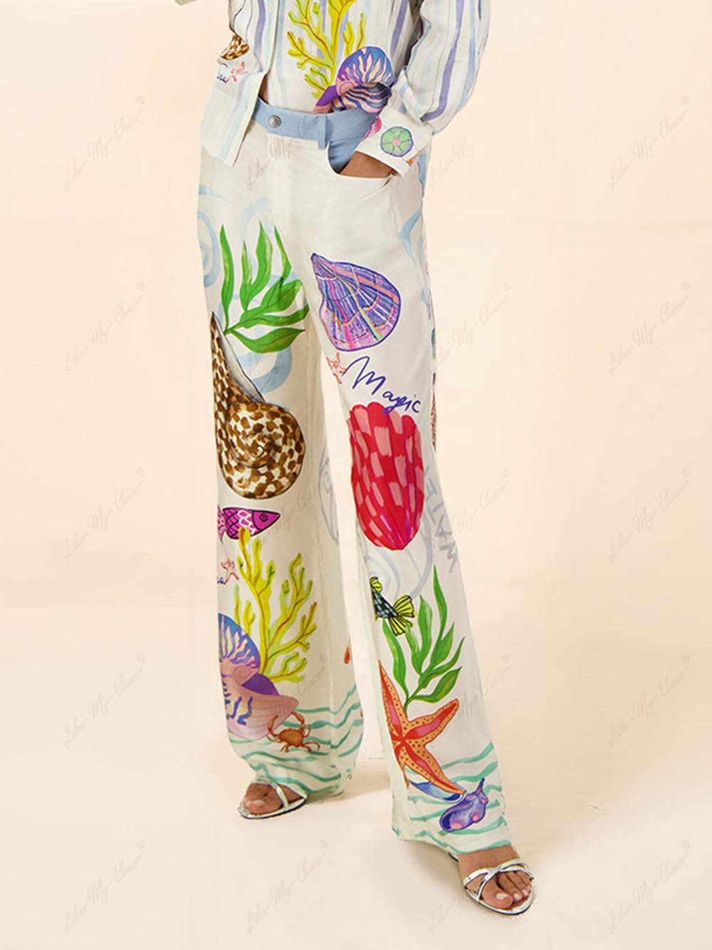 Ocean-Inspired Print Shirt & Wide-Leg Trousers Set | Vibrant Two-Piece Outfit