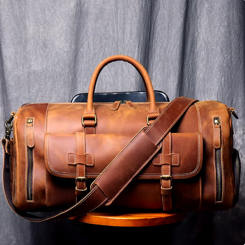 Men’s Leather Duffle Bag | Travel Weekender with Shoulder Strap
